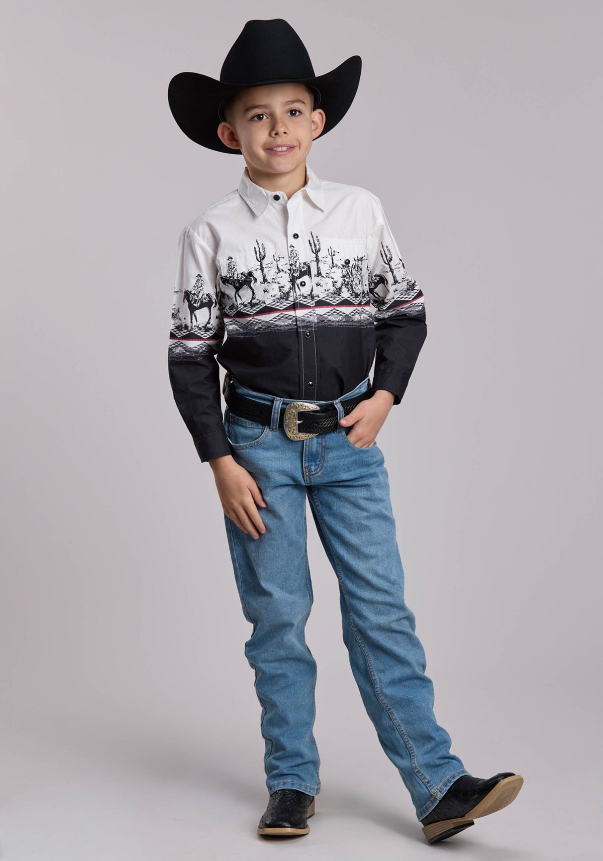 Boys Roper Cactus Scene Border Western Snap Shirt