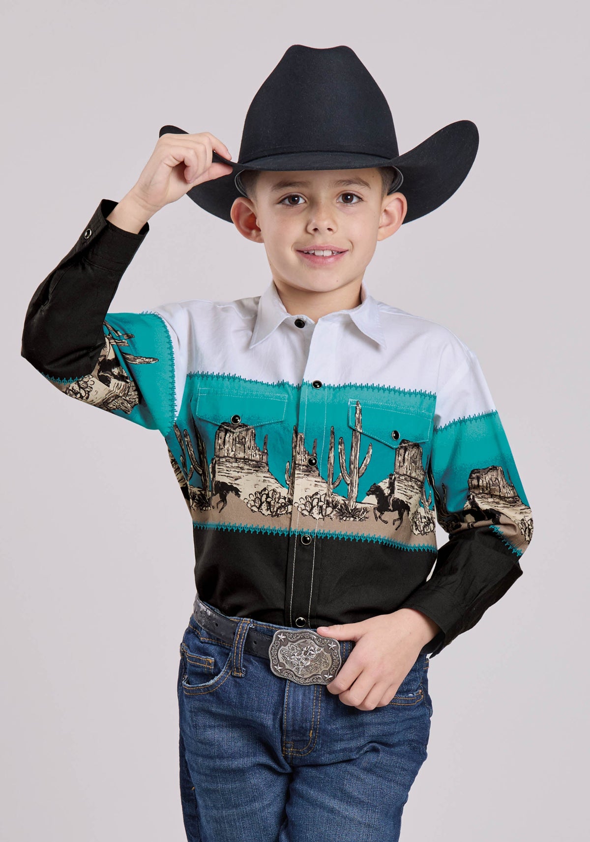 Boys Long Sleeve Snap Scenic Border Western Shirt