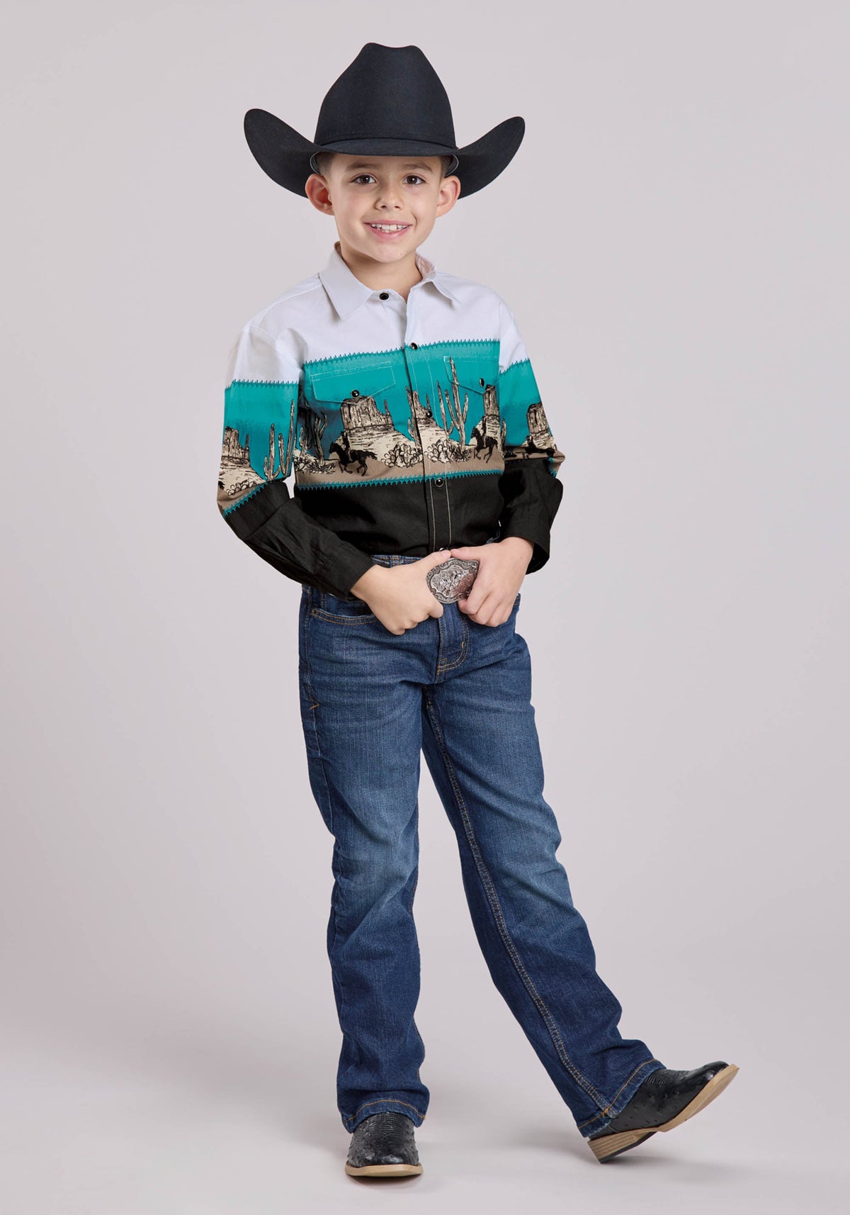 Boys Long Sleeve Snap Scenic Border Western Shirt