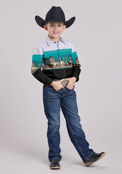 Boys Long Sleeve Snap Scenic Border Western Shirt