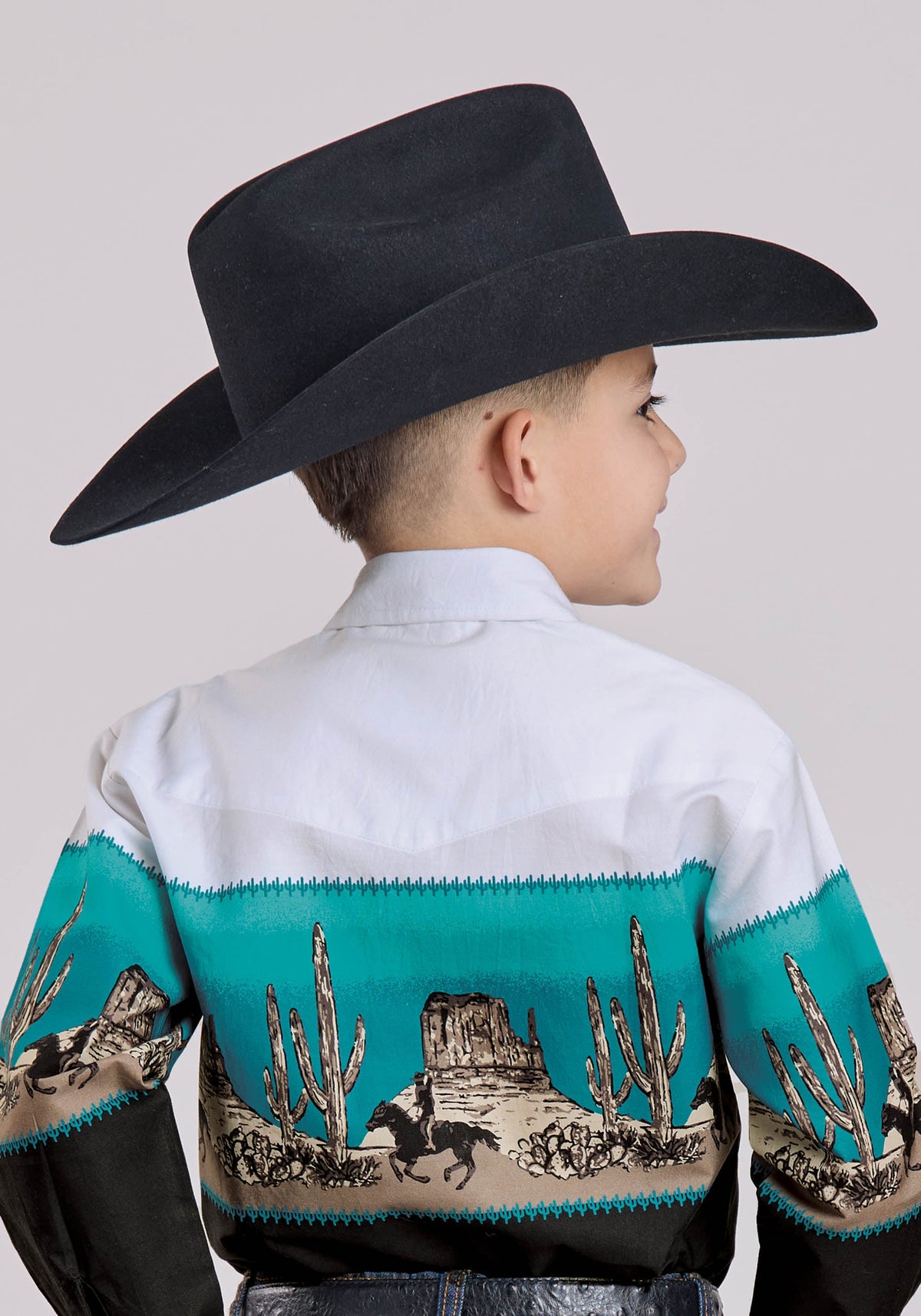 Boys Long Sleeve Snap Scenic Border Western Shirt