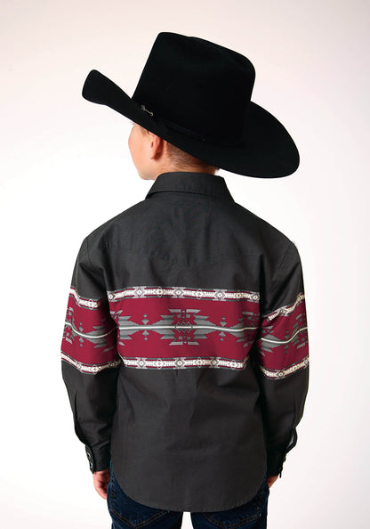 Boys Long Sleeve Snap Aztec Border Western Shirt