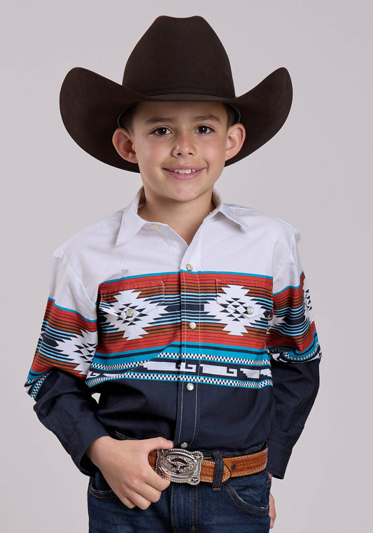 Boys Long Sleeve Snap Horizontal Aztec Ombre Border Print Western Shirt