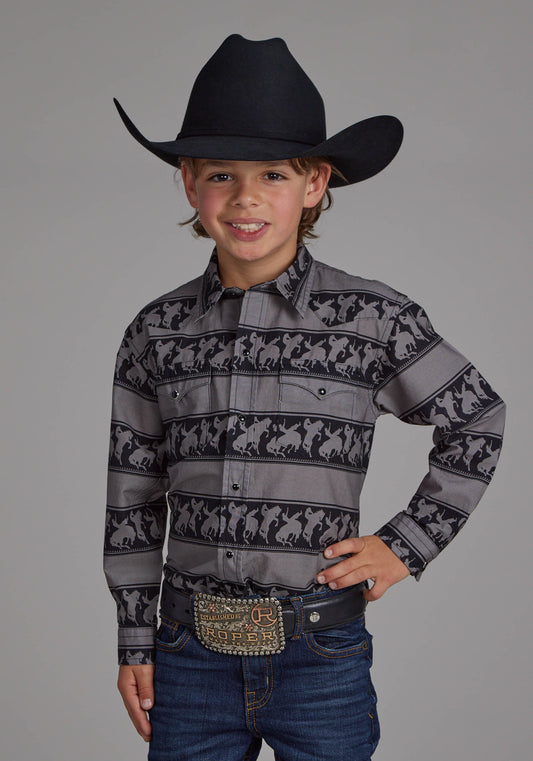 Boys Horizontal Rodeo Stripe Long Sleeve Button Western Shirt