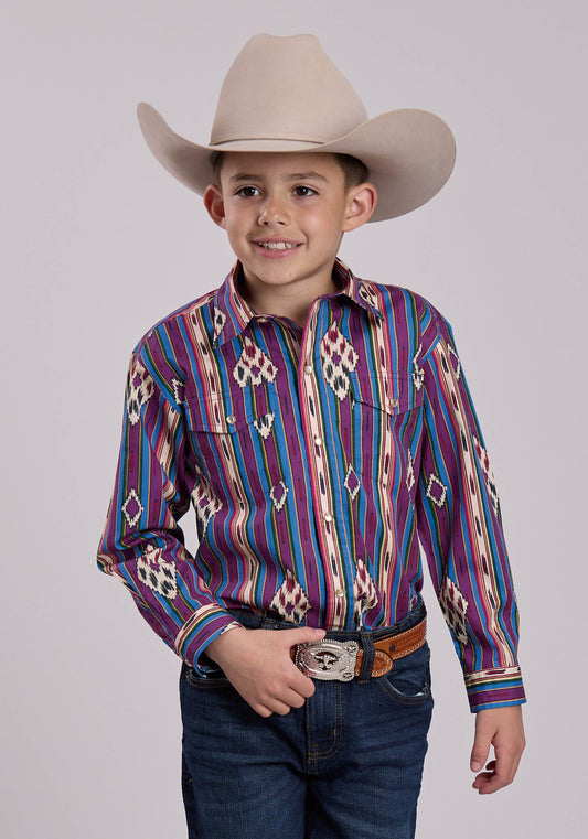 Boys Long Sleeve Snap Vintage Stripe Western Shirt