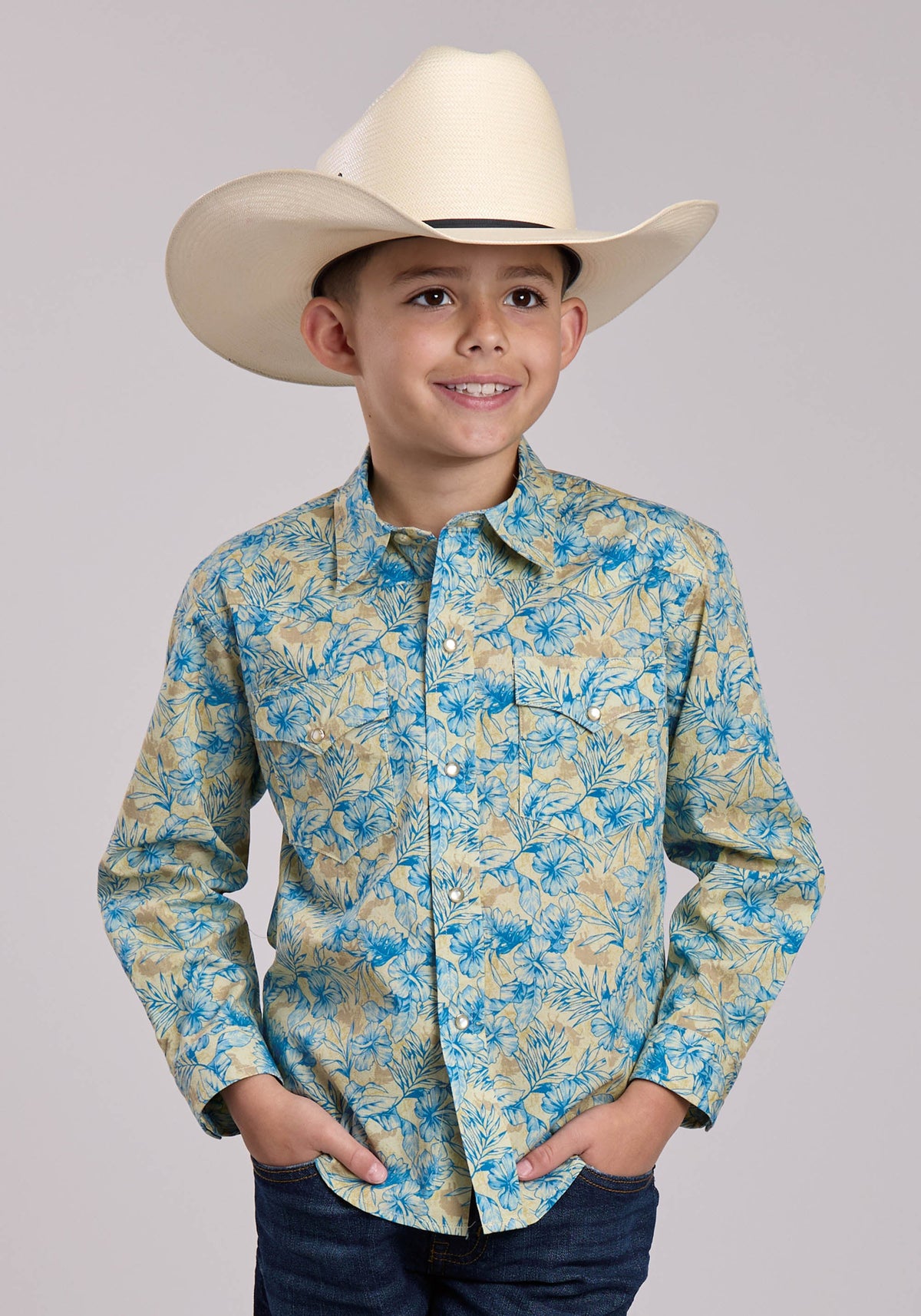 Boys Roper Hibiscus Dreams Print Long Sleeve Snap Shirt