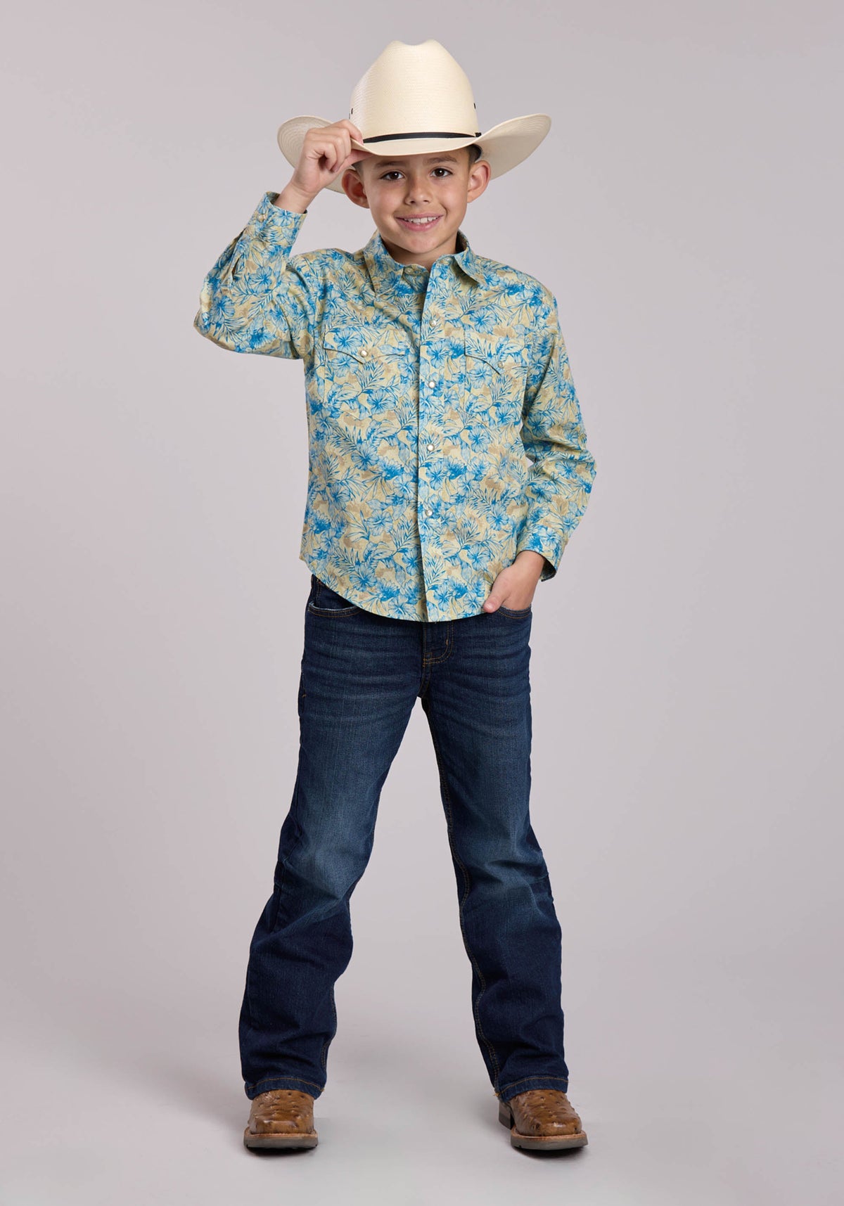 Boys Roper Hibiscus Dreams Print Long Sleeve Snap Shirt
