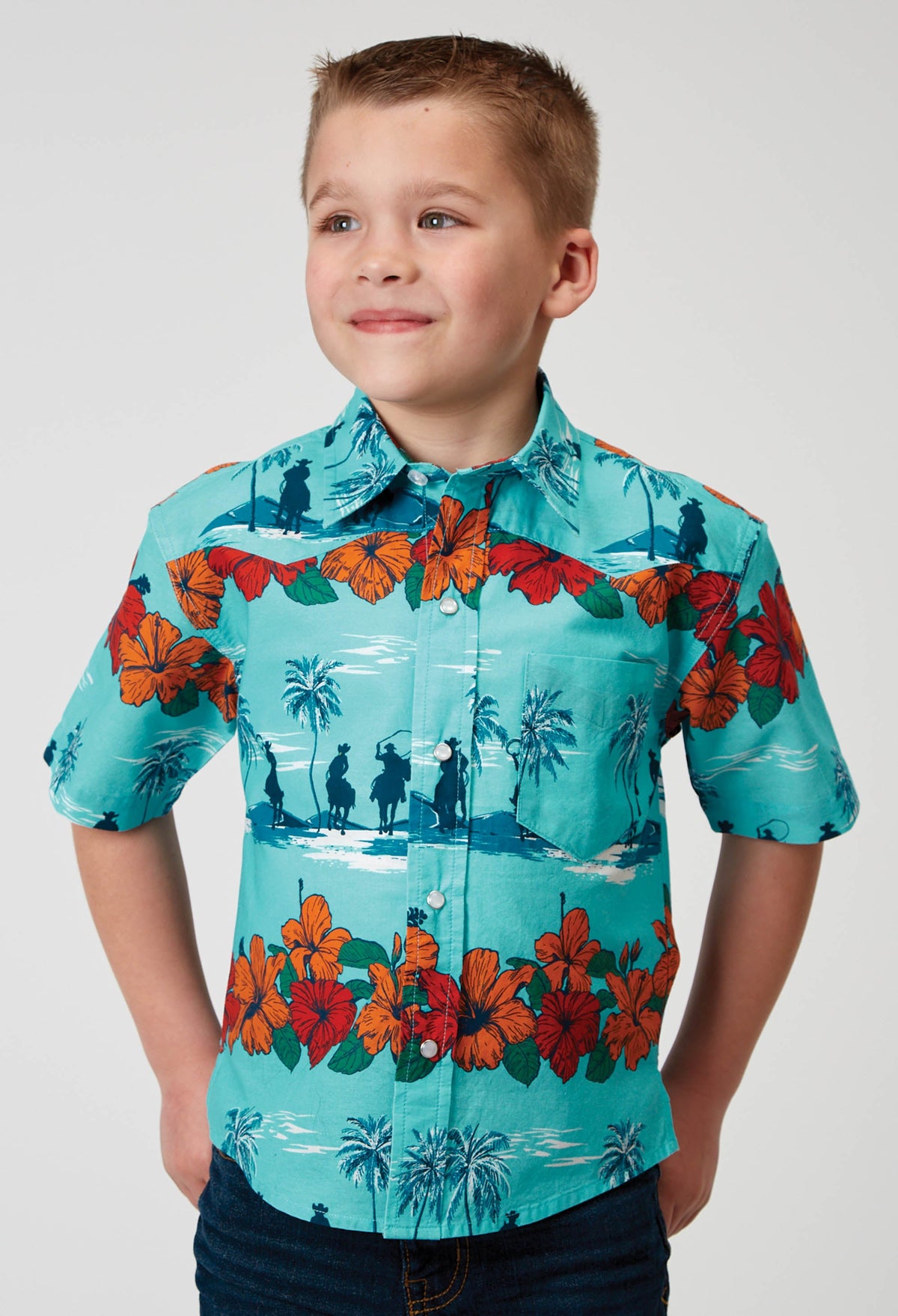 Boys Short Sleeve Snap Hawaiian Print Western Shirt