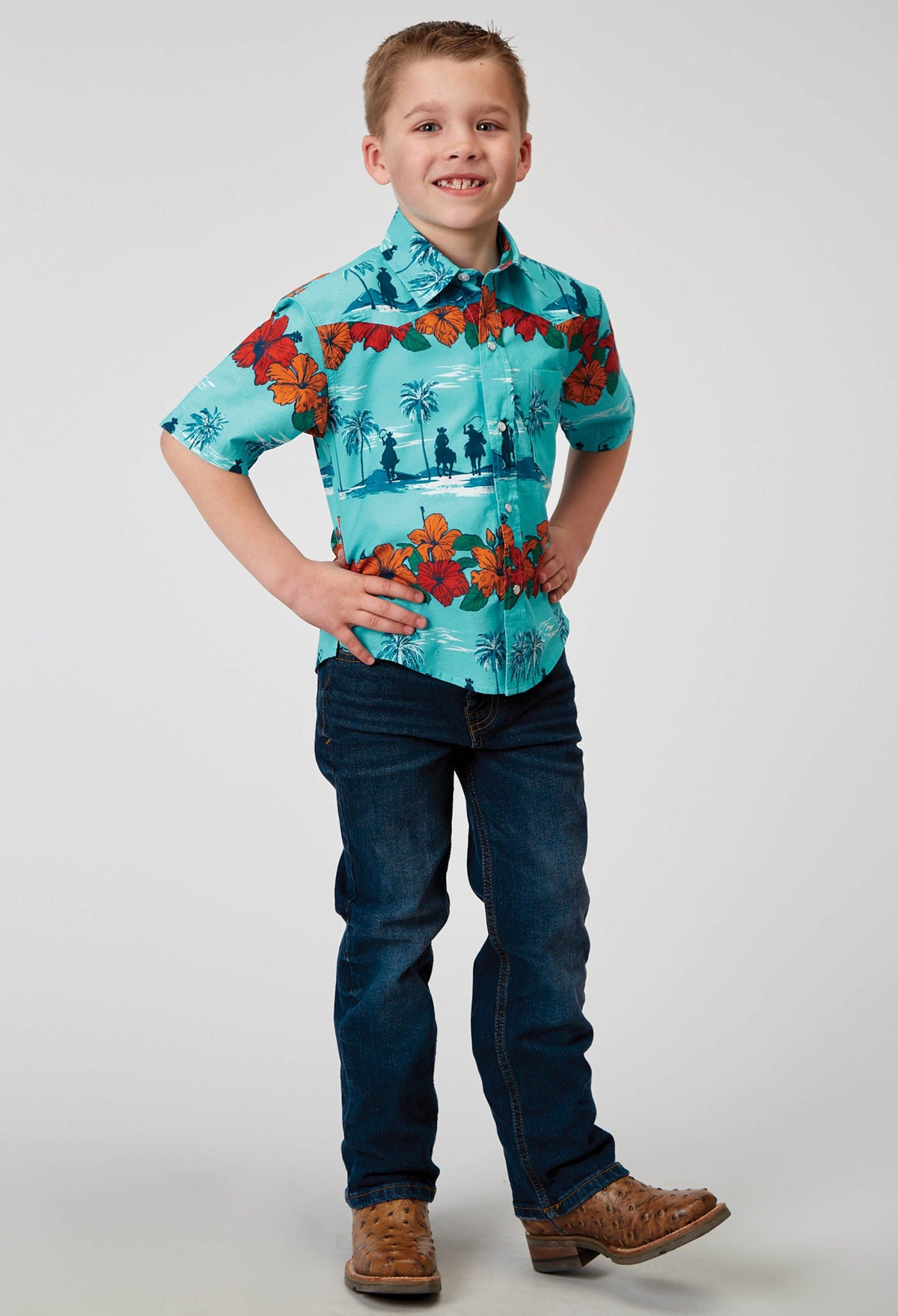 Boys Short Sleeve Snap Hawaiian Print Western Shirt