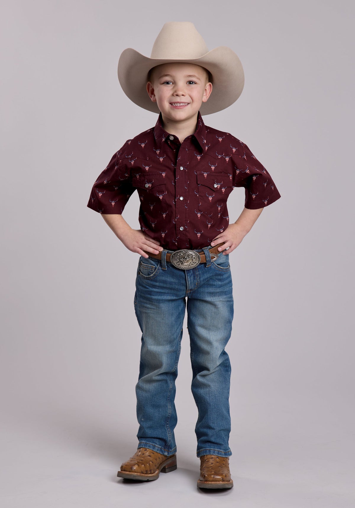 Boys Roper Skull Print Short Sleeve Snap Shirt