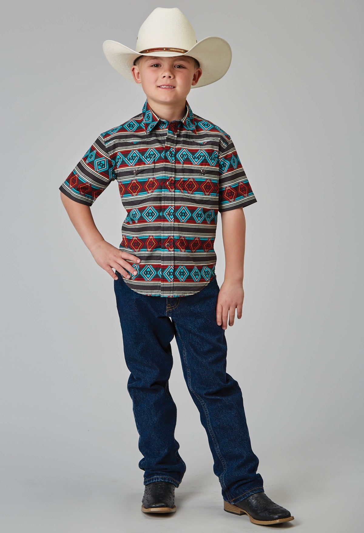 Boys Short Sleeve Snap Aztec Stripe Print Western Shirt