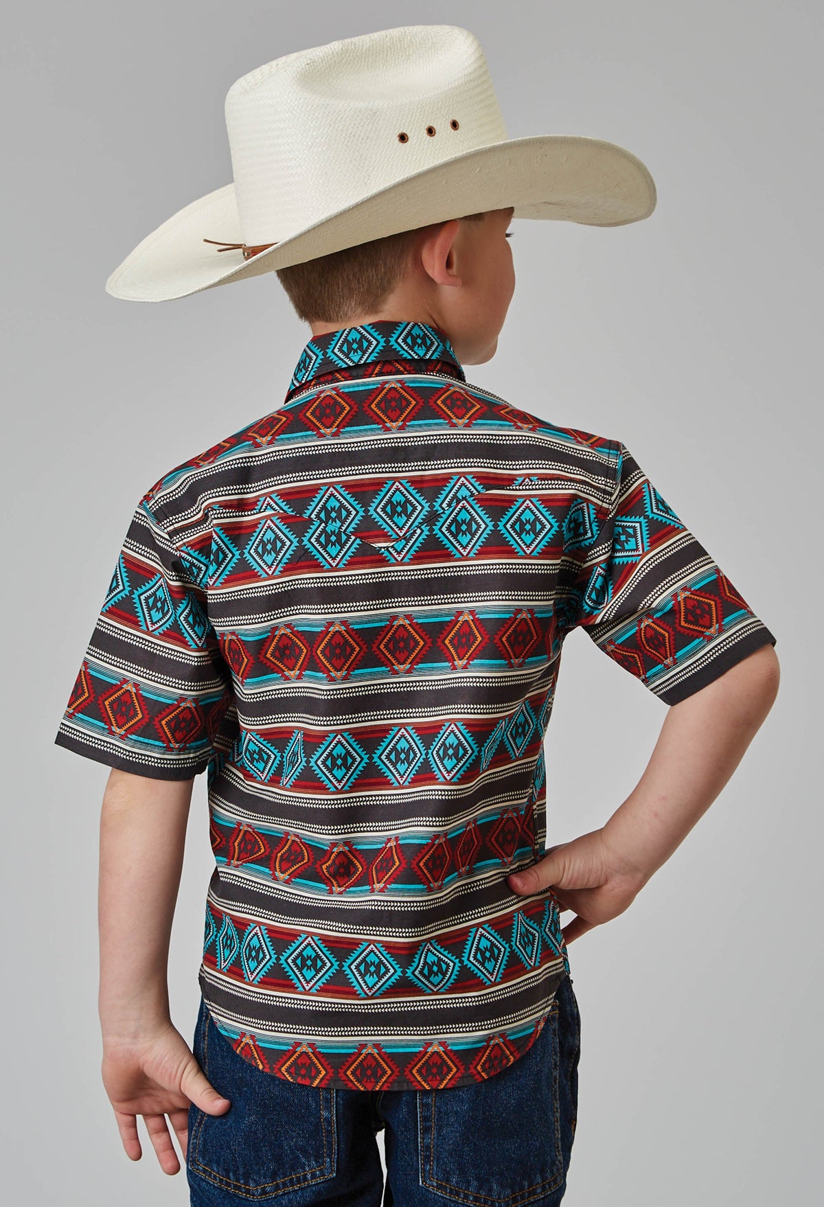 Boys Short Sleeve Snap Aztec Stripe Print Western Shirt
