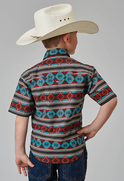 Boys Short Sleeve Snap Aztec Stripe Print Western Shirt