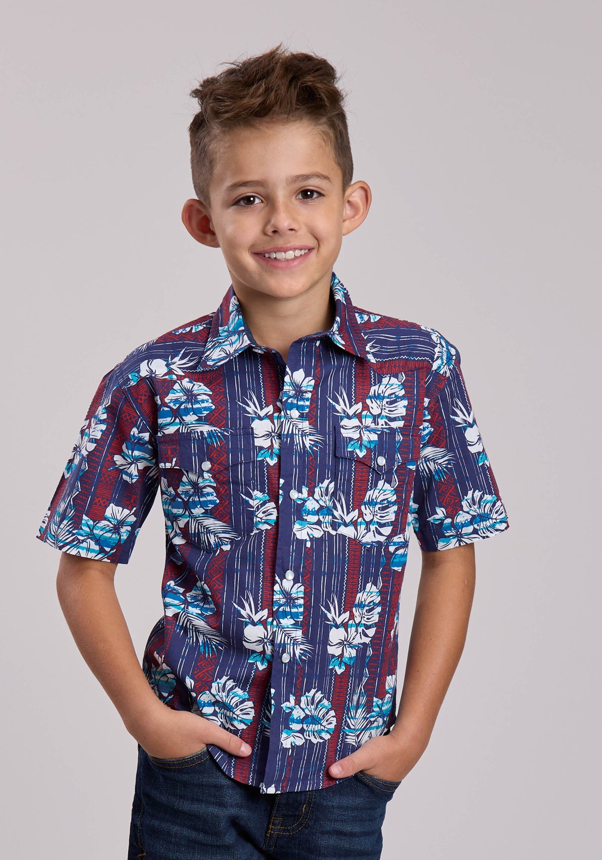 Boys Roper Distressed Tropical Aztec Print Short Sleeve Snap Shirt
