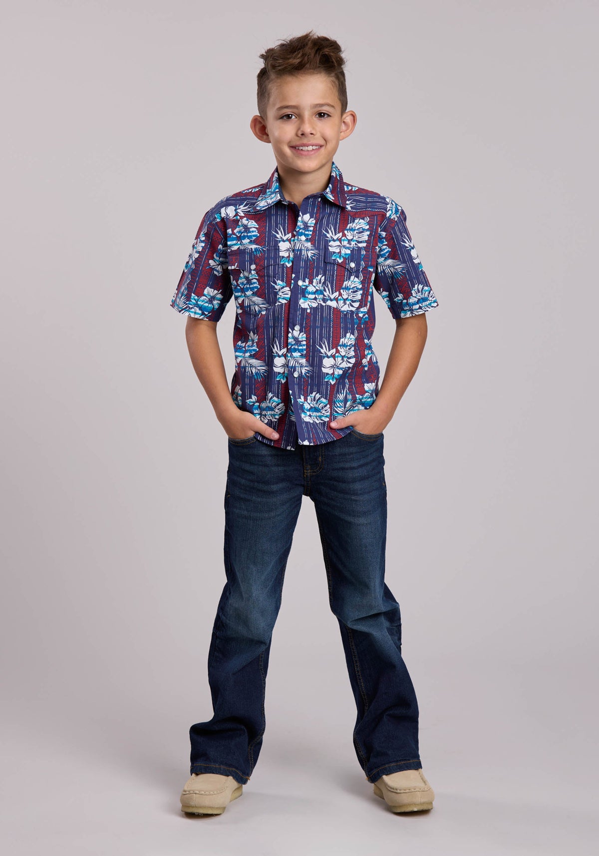 Boys Roper Distressed Tropical Aztec Print Short Sleeve Snap Shirt