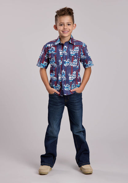 Boys Roper Distressed Tropical Aztec Print Short Sleeve Snap Shirt