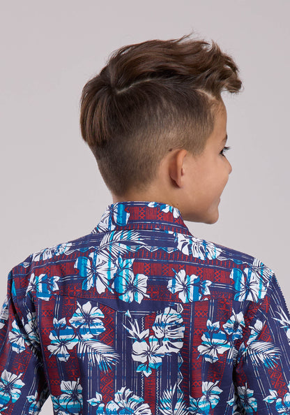 Boys Roper Distressed Tropical Aztec Print Short Sleeve Snap Shirt