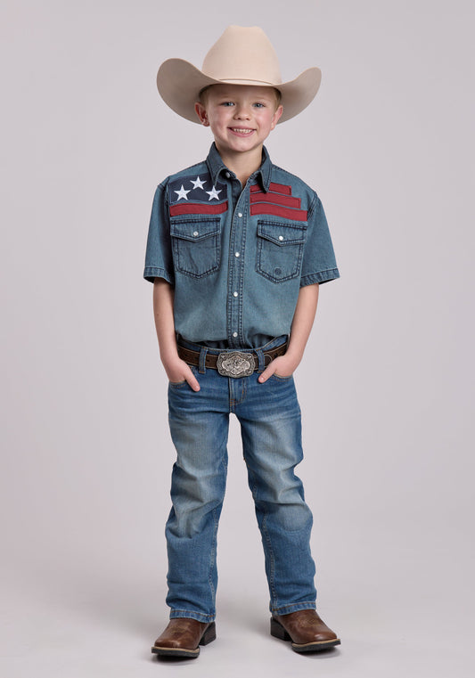 Boys Roper Medium Blue Denim Short Sleeve Snap Shirt