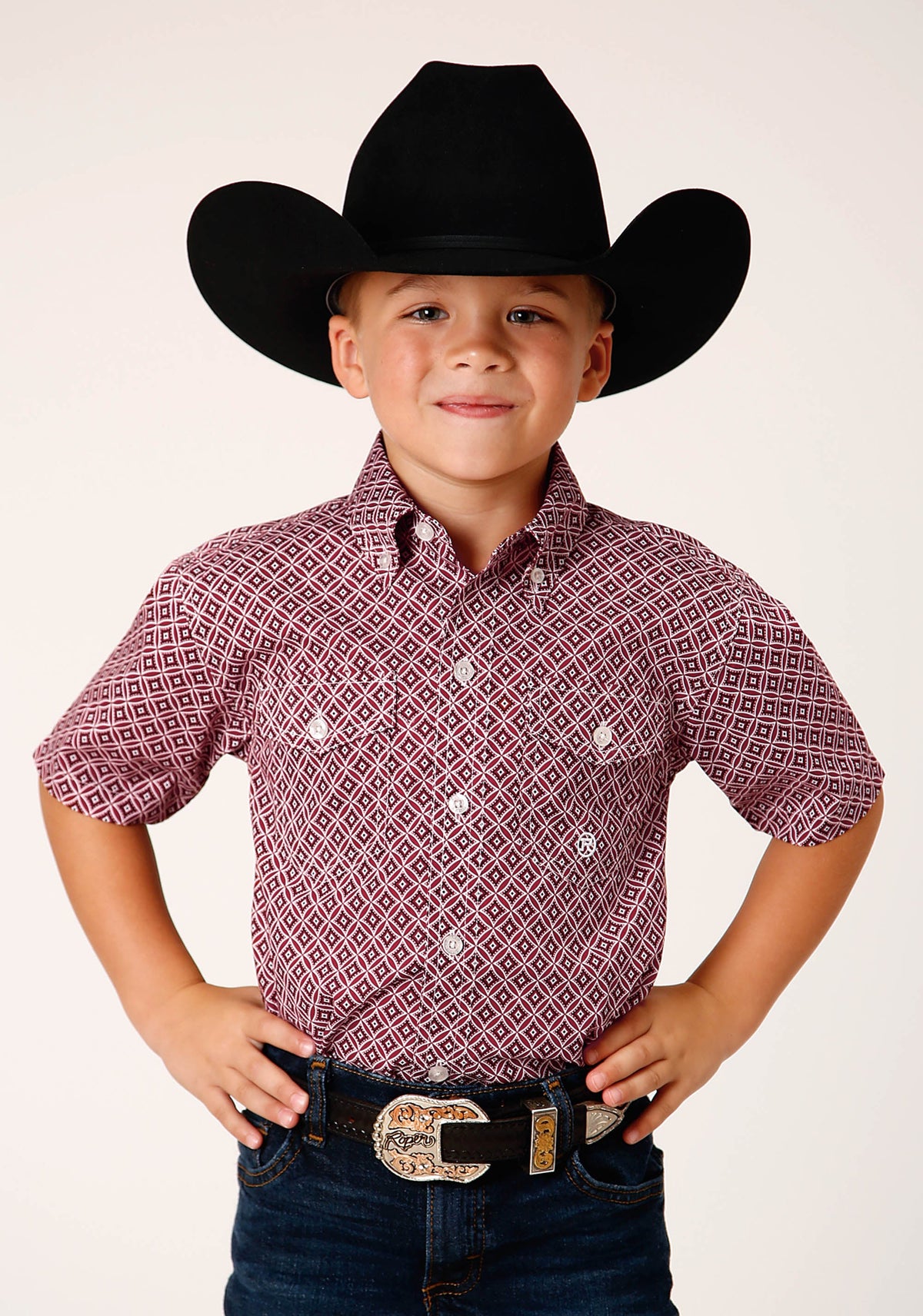 Boys Short Sleeve Button Red Diamond Foulard Western Shirt