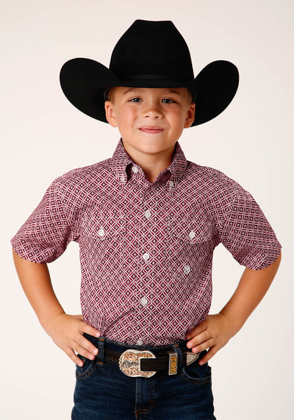 Boys Short Sleeve Button Red Diamond Foulard Western Shirt
