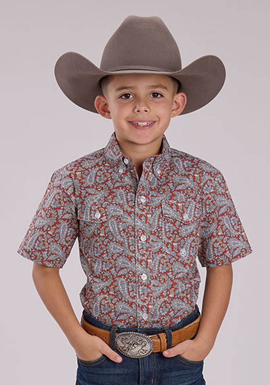 Boys Short Sleeve Button Clay Paisley Western Shirt