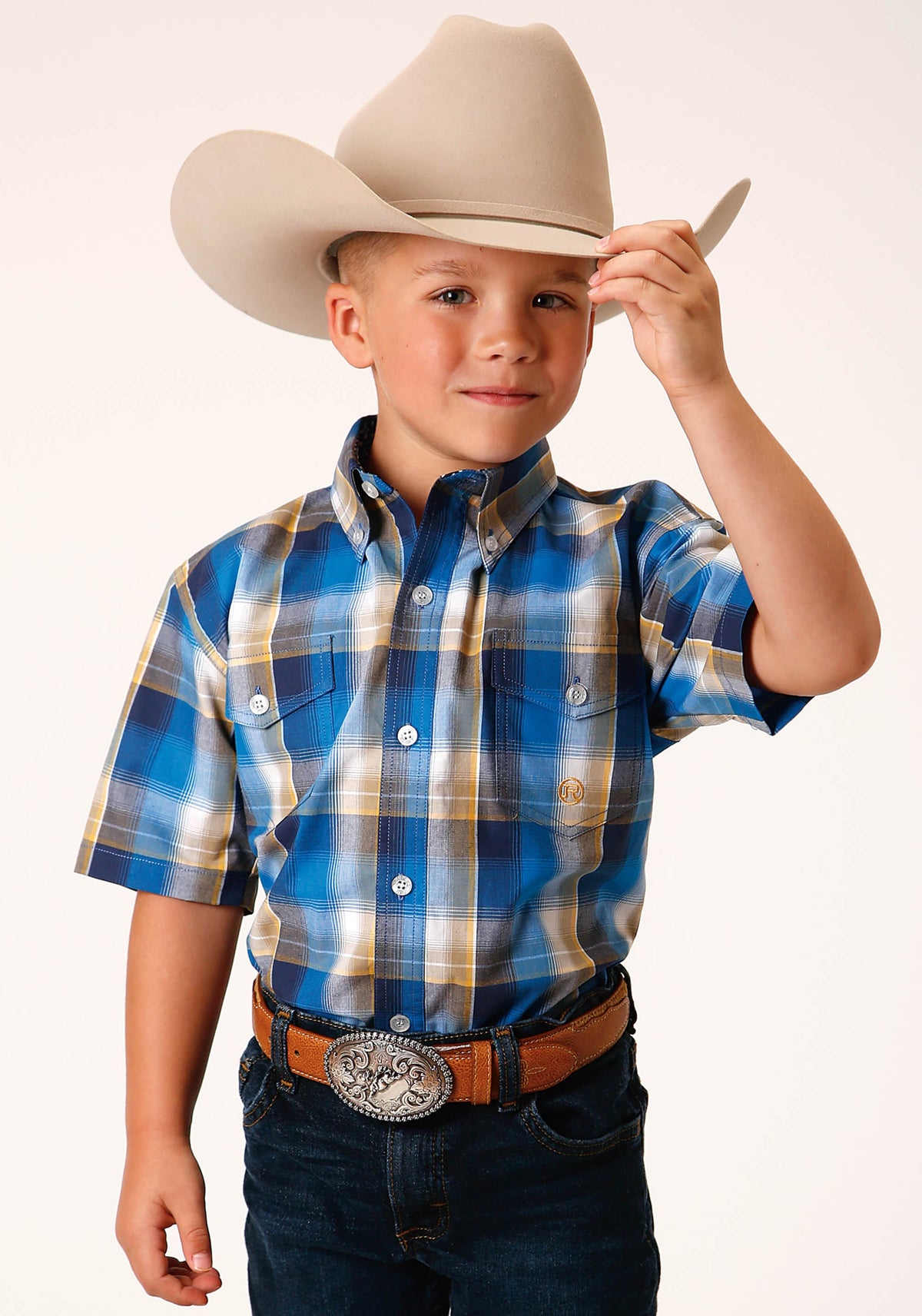 Boys Short Sleeve Button Clear Sky Plaid Western Shirt
