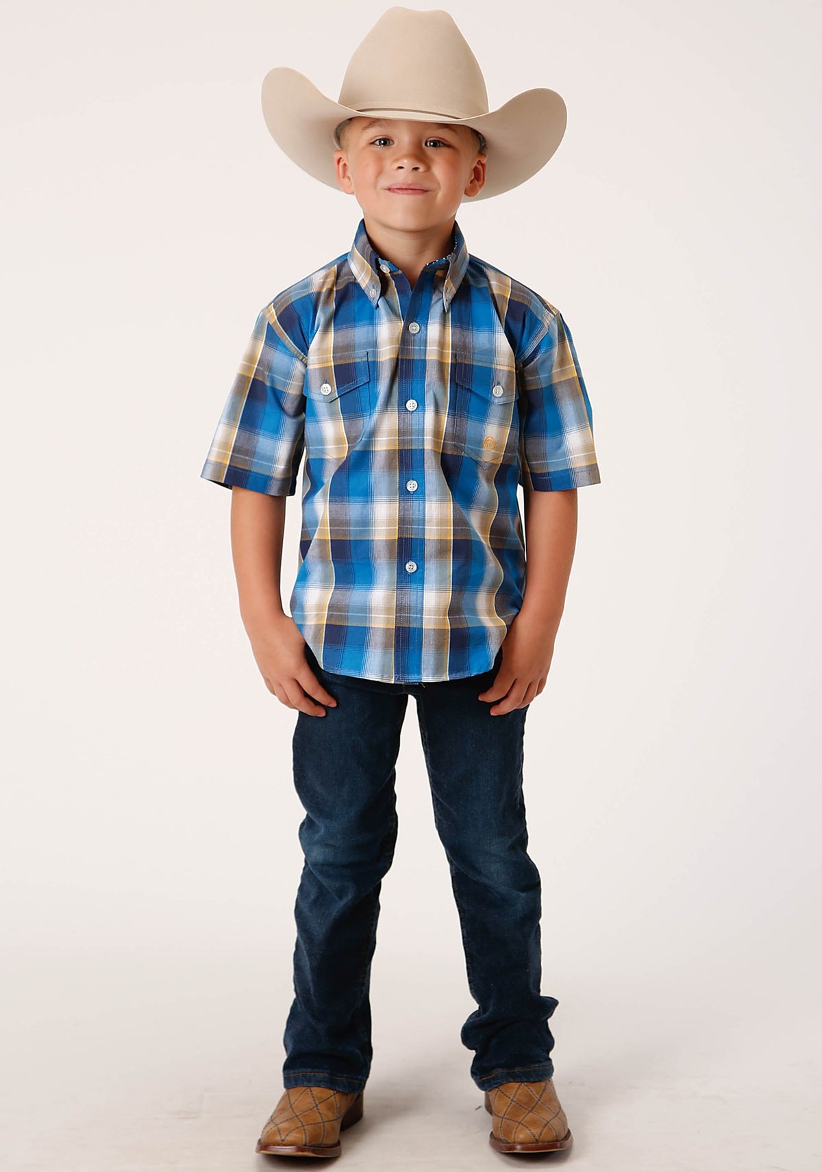 Boys Short Sleeve Button Clear Sky Plaid Western Shirt