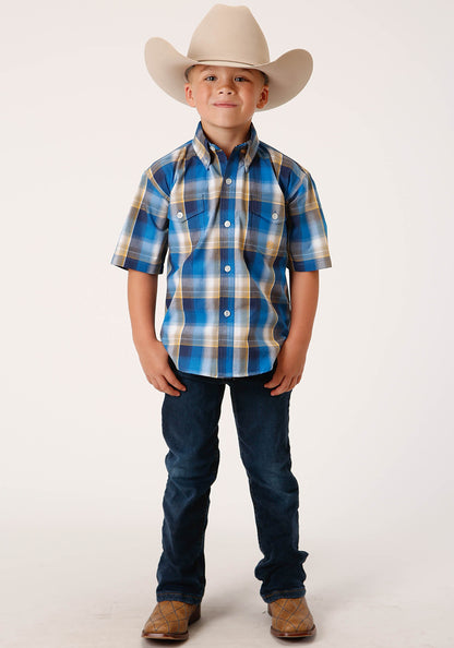 Boys Short Sleeve Button Clear Sky Plaid Western Shirt