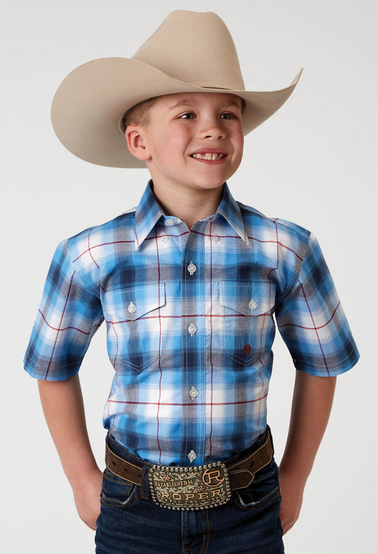 Boys Short Sleeve Button Stretch Poplin Blue Plaid Western Shirt
