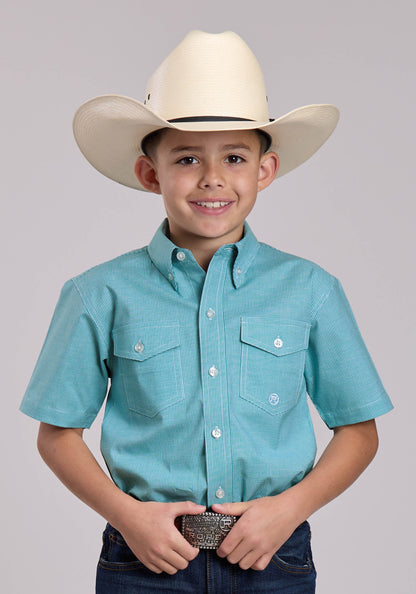 Boys Roper Stretch Minicheck Turquoise Short Sleeve Button Shirt