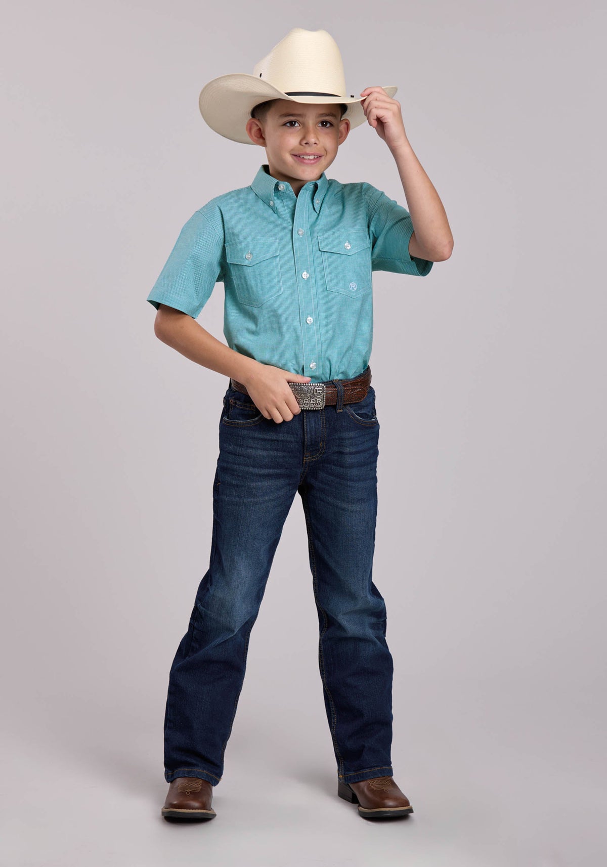 Boys Roper Stretch Minicheck Turquoise Short Sleeve Button Shirt