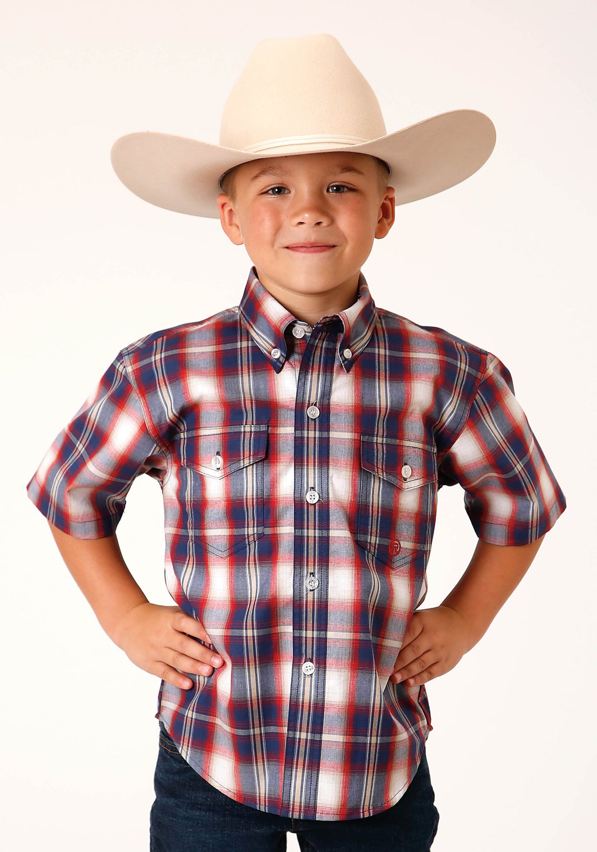 Boys Short Sleeve Button Independence Plaid Western Shirt