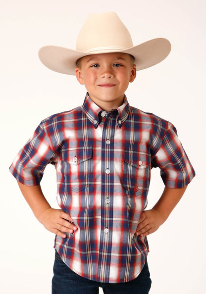 Boys Short Sleeve Button Independence Plaid Western Shirt