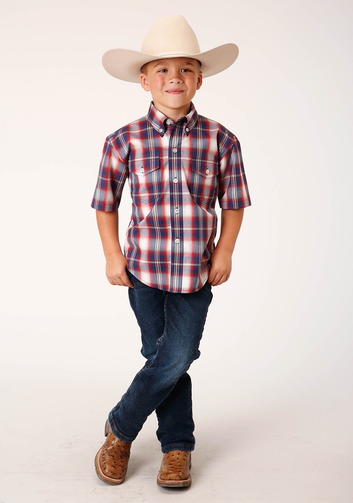 Boys Short Sleeve Button Independence Plaid Western Shirt