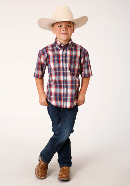 Boys Short Sleeve Button Independence Plaid Western Shirt