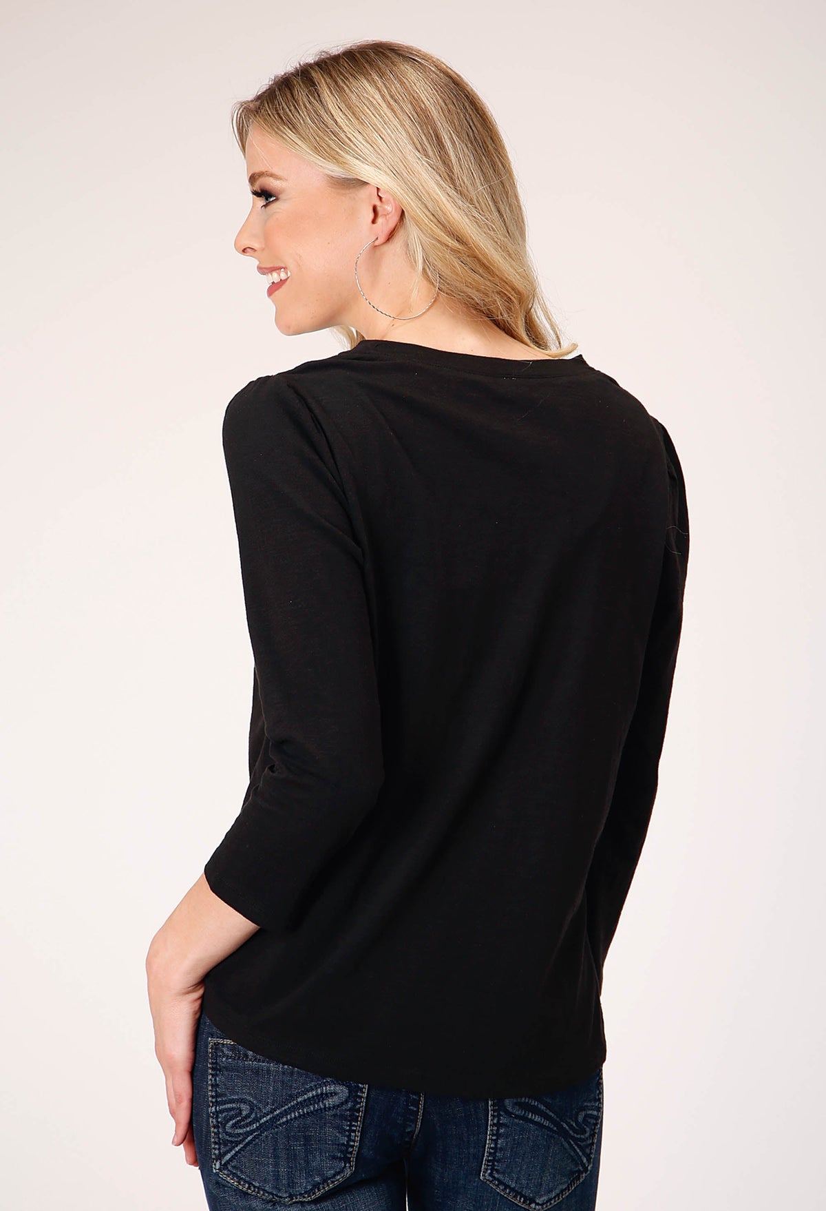 Womens Long Sleeve Slub Jersey Top With Curved Front Yokes Top And Three Qu