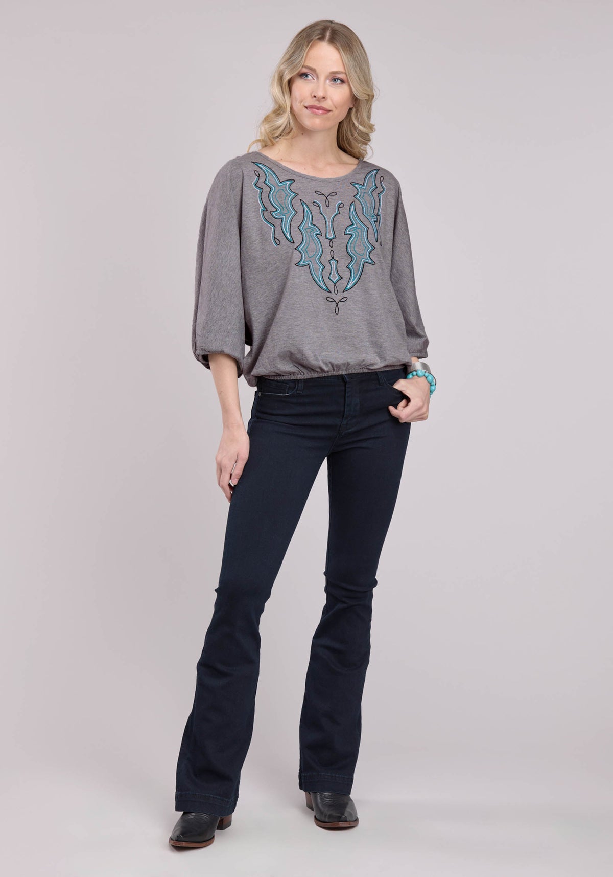 Womens Long Sleeve Pullover Heather Grey Jersey Knit Blouse Western Shirt