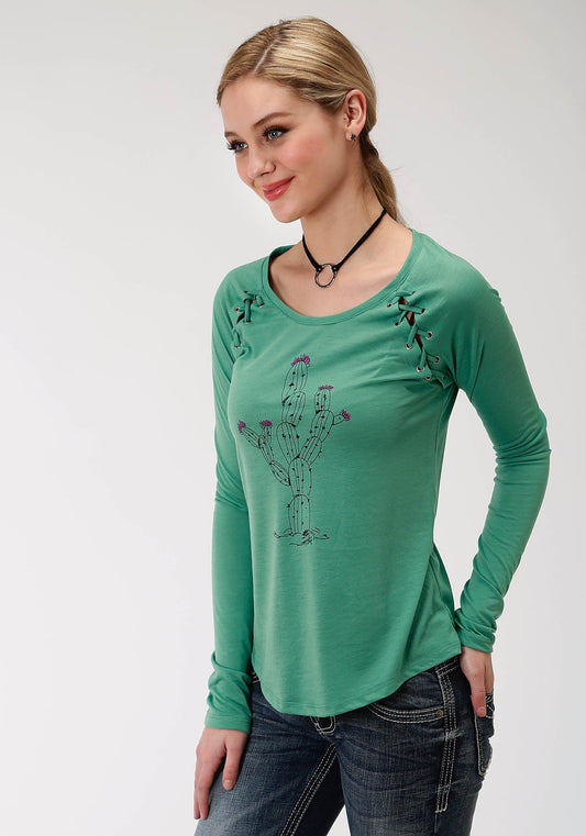 Womens Green With Screen Print Cactus Long Sleeve Knit Top