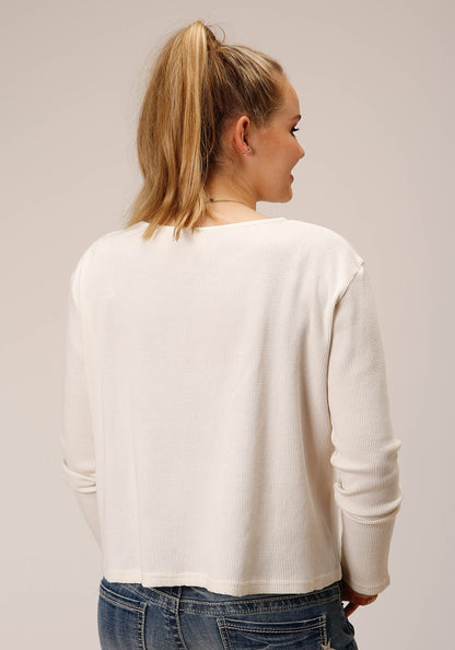 Womens Long Sleeve Knit Cream Waffle Slub Top