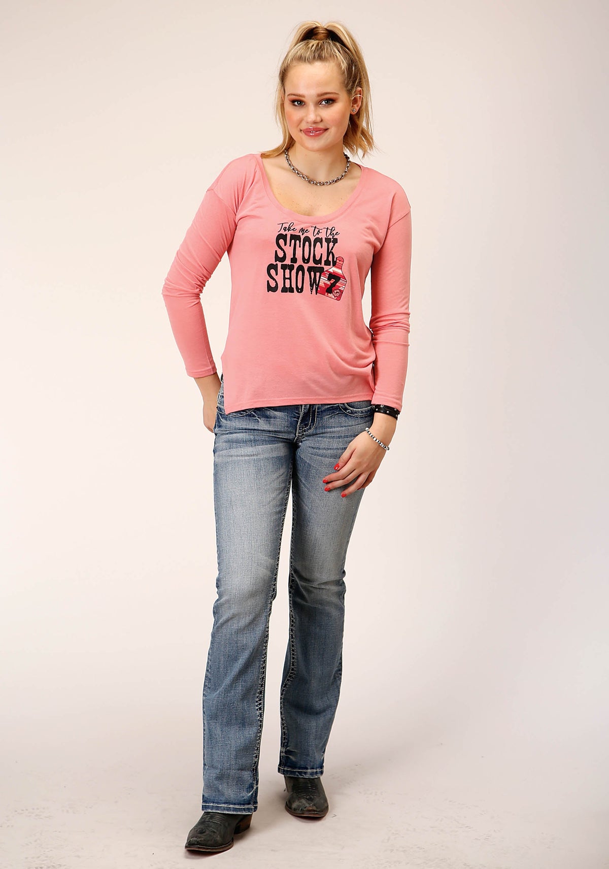 Womens Long Sleeve Knit Pink Poly Rayon Jersey Top