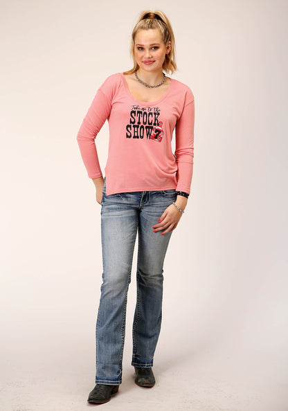 Womens Long Sleeve Knit Pink Poly Rayon Jersey Top