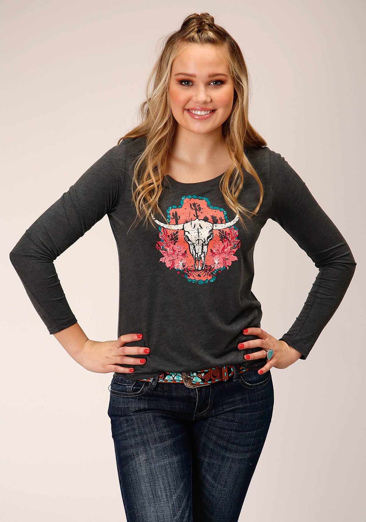 Womens Long Sleeve Knit Heather Charcoal Poly Rayon Top