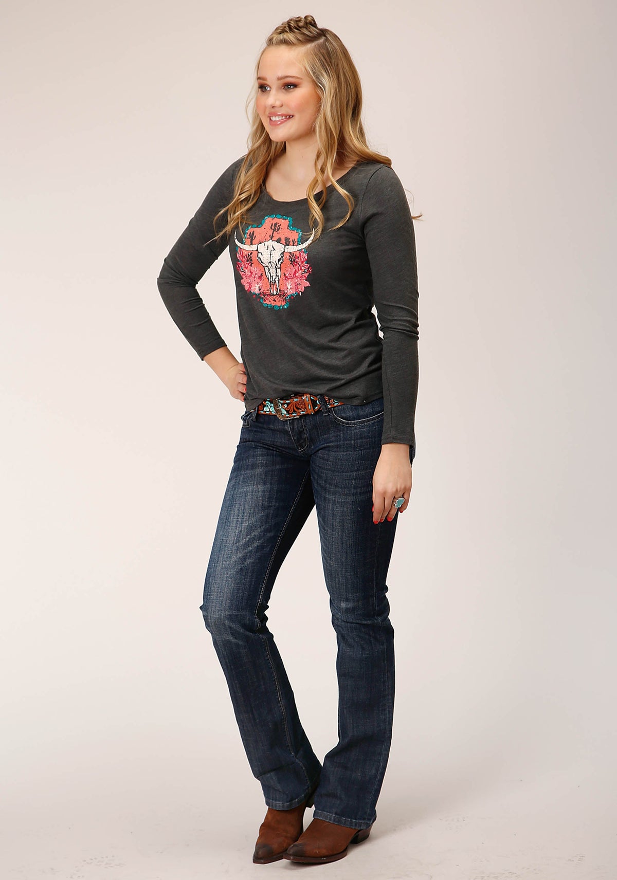 Womens Long Sleeve Knit Heather Charcoal Poly Rayon Top