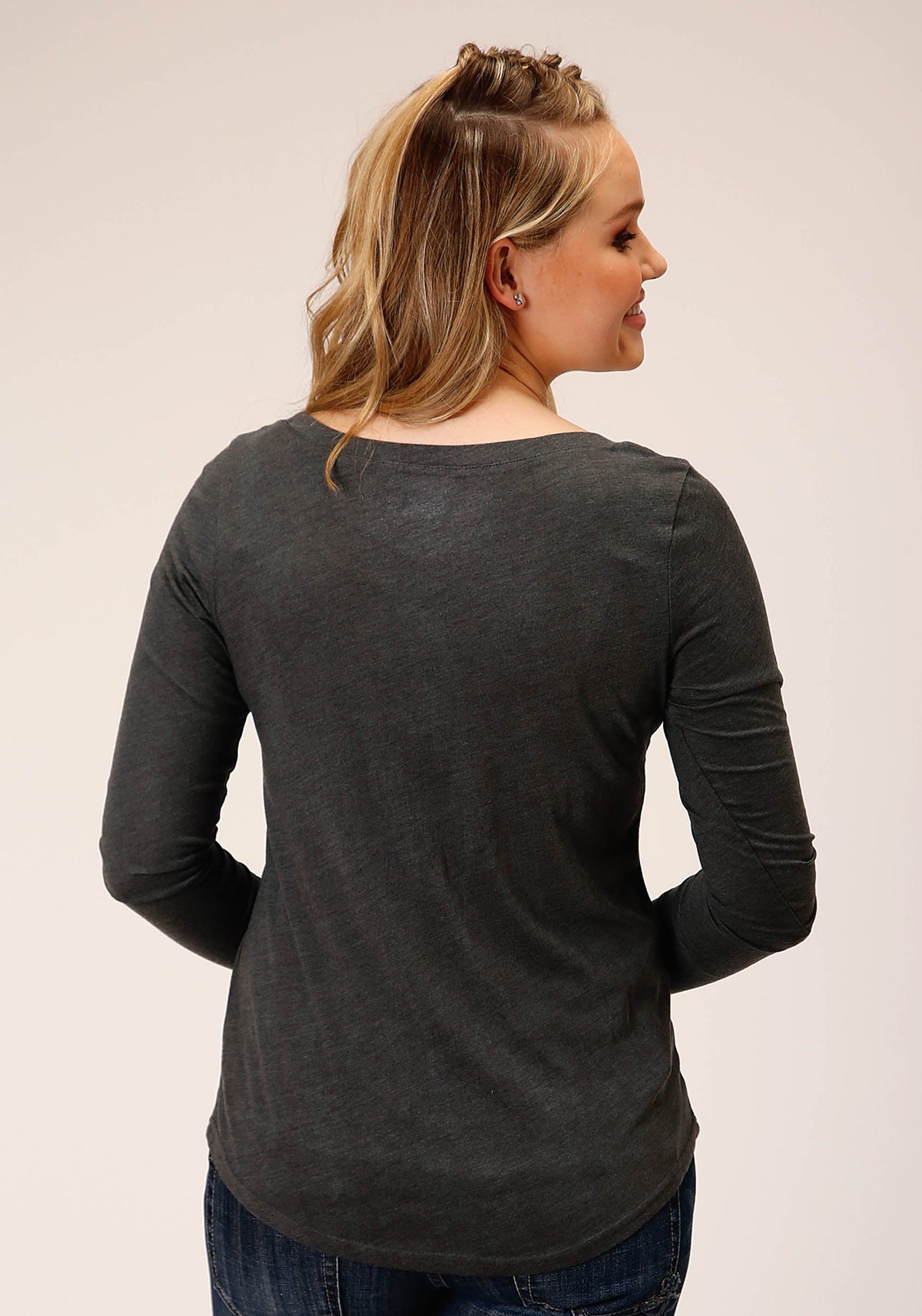 Womens Long Sleeve Knit Heather Charcoal Poly Rayon Top