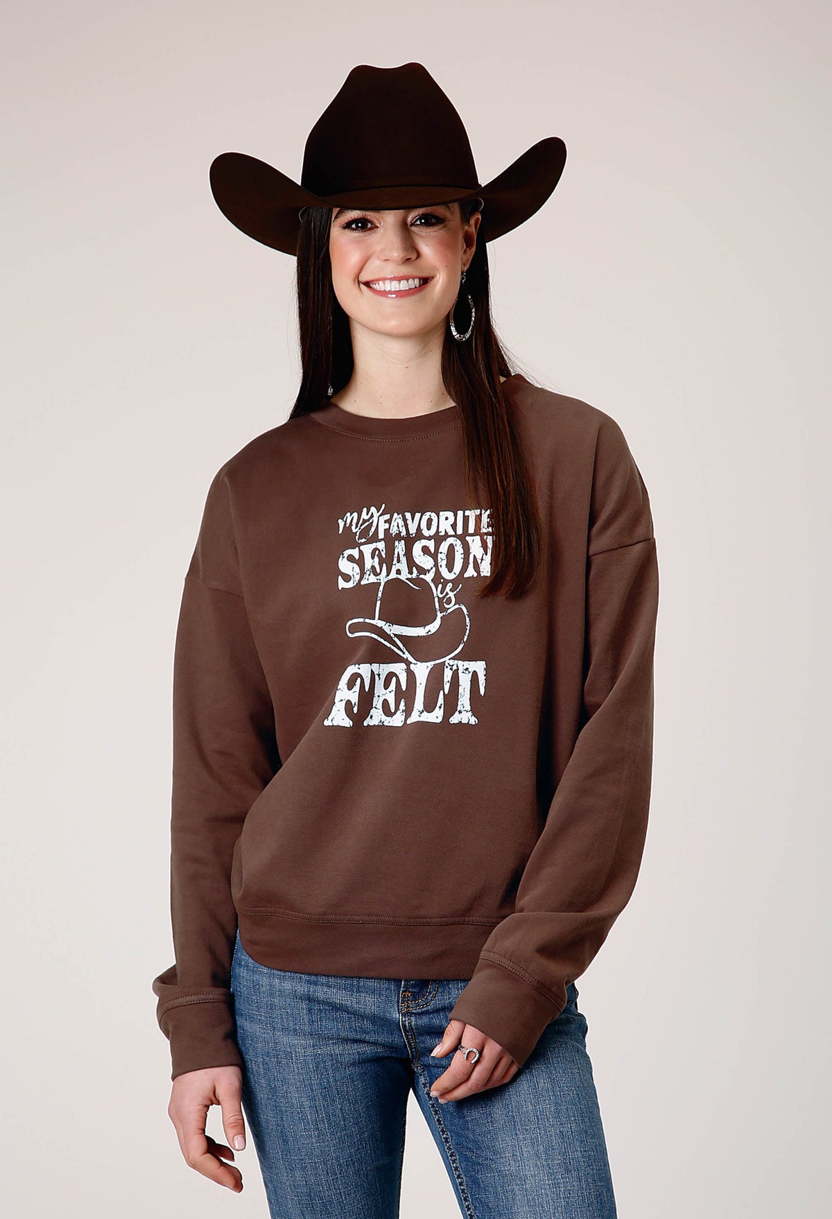 Womens Long Sleeve Dark Brown Cotton Fleece Top With Crew Neck Screen Print