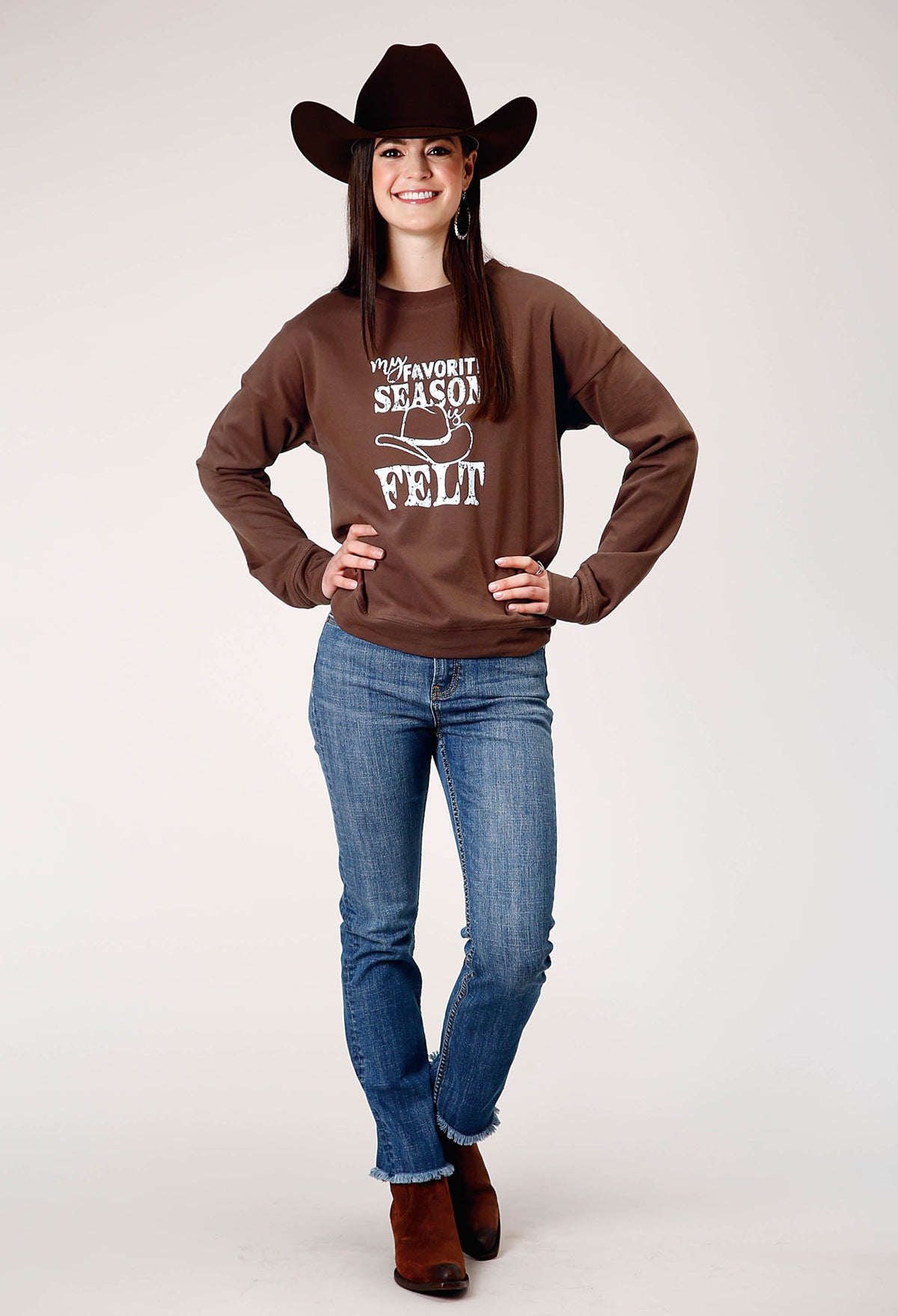Womens Long Sleeve Dark Brown Cotton Fleece Top With Crew Neck Screen Print