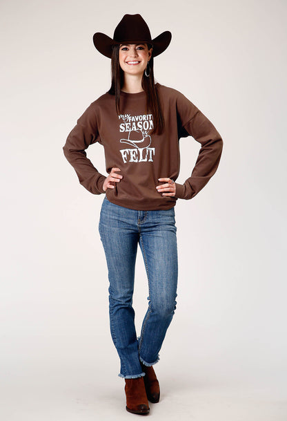 Womens Long Sleeve Dark Brown Cotton Fleece Top With Crew Neck Screen Print