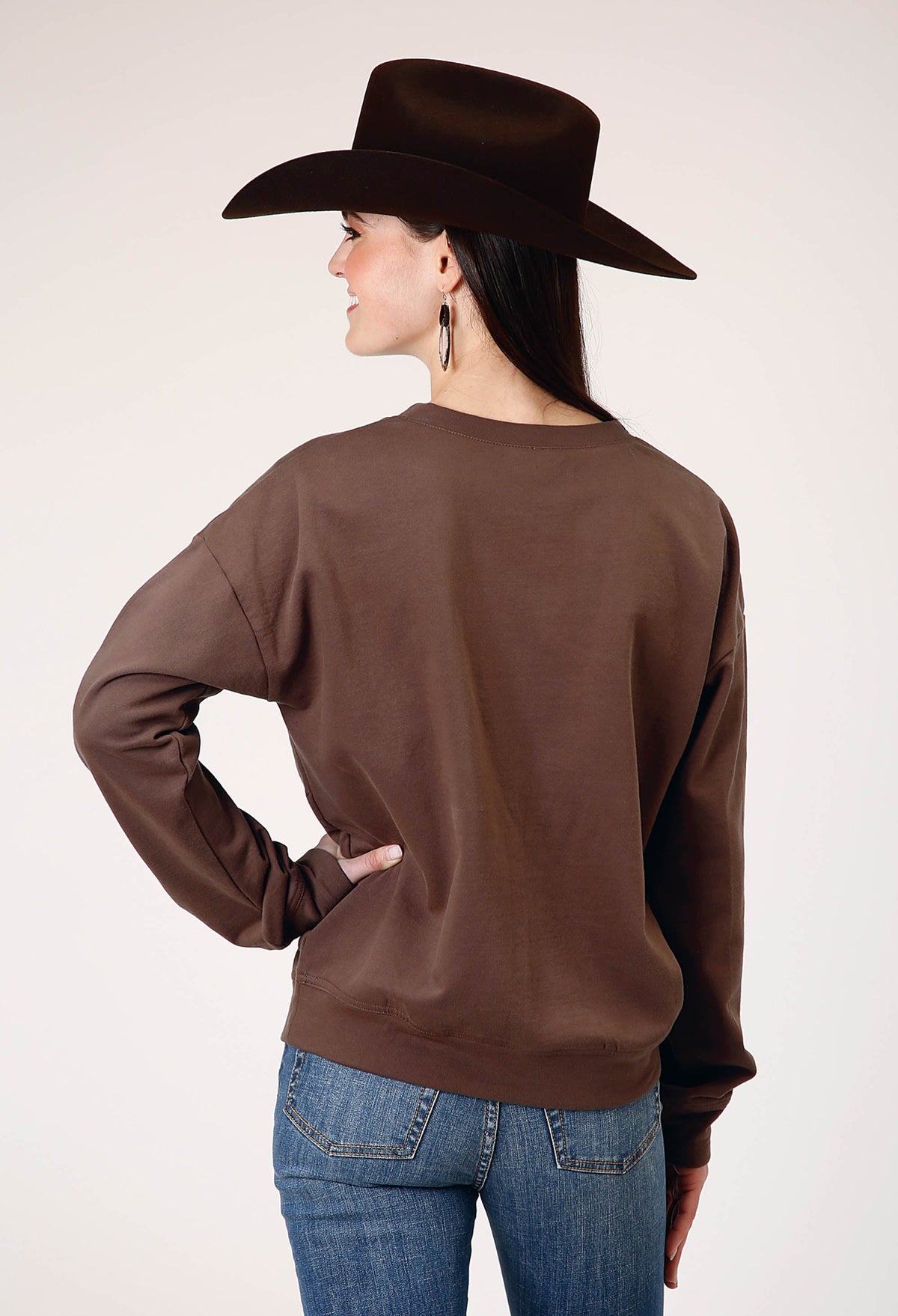 Womens Long Sleeve Dark Brown Cotton Fleece Top With Crew Neck Screen Print