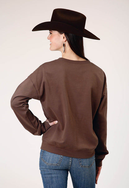 Womens Long Sleeve Dark Brown Cotton Fleece Top With Crew Neck Screen Print