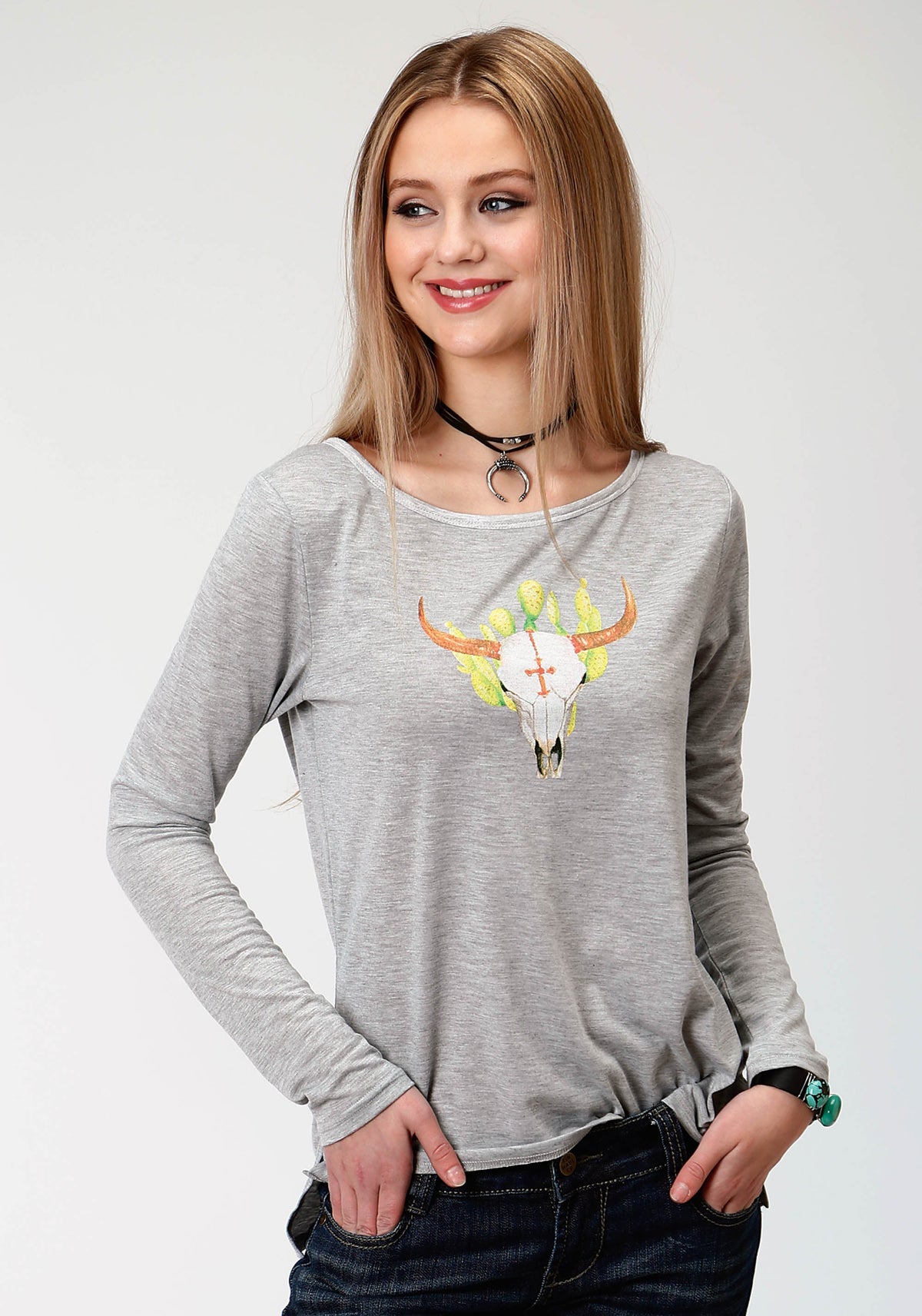 Womens Grey With Screen Print Knit Top